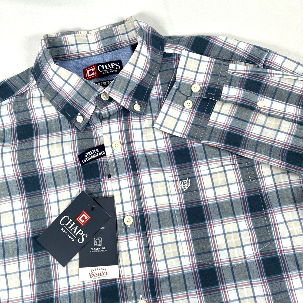 New Mens Chaps Long Sleeve Button Down Shirt Size Medium Stretch‎ NWT Blue Plaid
